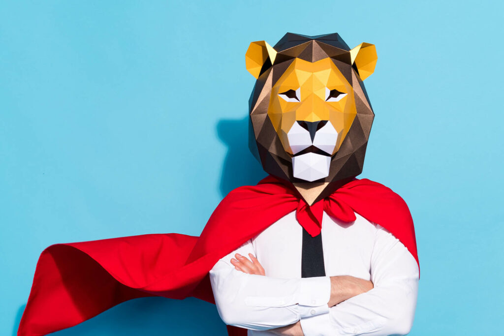 Photo of excited serious man wear gold elephant mask looking empty space isolated blue color background